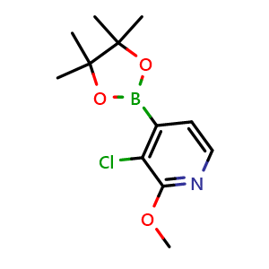 Chemical structure of 3-chloro-2-methoxy-4-(4,4,5,5-tetramethyl-1,3,2-dioxaborolan-2-yl)pyridine , CAS 1073353-73-7, AChemBlock N24739