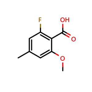 Chemical structure of 2-Fluoro-6-methoxy-4-methyl-benzoic acid , CAS 1427416-12-3, AChemBlock N25163