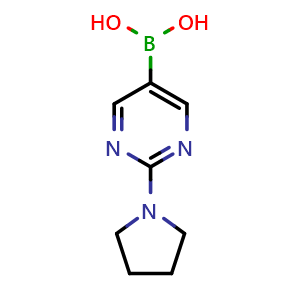 Chemical structure of (2-Pyrrolidin-1-ylpyrimidin-5-yl)boronic acid , CAS 955374-13-7, AChemBlock N25237