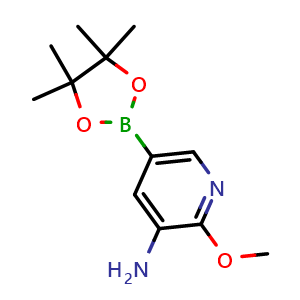 Chemical structure of 2-methoxy-5-(4,4,5,5-tetramethyl-1,3,2-dioxaborolan-2-yl)pyridin-3-amine , CAS 893440-50-1, AChemBlock N25342