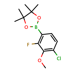 Chemical structure of 2-(4-chloro-2-fluoro-3-methoxyphenyl)-4,4,5,5-tetramethyl-1,3,2-dioxaborolane , CAS 1126321-06-9, AChemBlock N25423