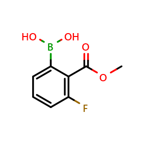 Chemical structure of 2-Methoxycarbonyl-3-fluorophenylboronic acid , CAS 1256355-33-5, AChemBlock N25481