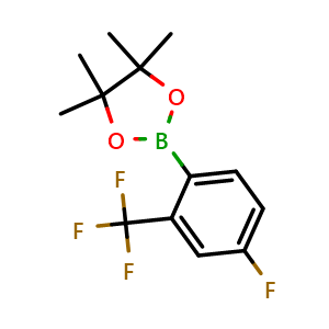 Chemical structure of 2-(4-Fluoro-2-(trifluoromethyl)phenyl)-4,4,5,5-tetramethyl-1,3,2-dioxaborolane , CAS 1416723-10-8, AChemBlock N25504
