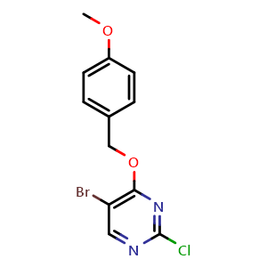 Chemical structure of 5-Bromo-2-chloro-4-(4-methoxyphenyl)methoxypyrimidine , CAS 1188329-59-0, AChemBlock N25564