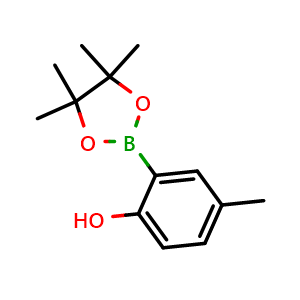 Chemical structure of 4-Methyl-2-(4,4,5,5-tetramethyl-1,3,2-dioxaborolan-2-yl)phenol , CAS 1398414-30-6, AChemBlock N25571