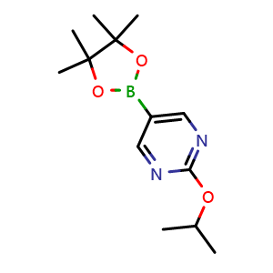 Chemical structure of 2-isopropoxy-5-(4,4,5,5-tetramethyl-1,3,2-dioxaborolan-2-yl)pyrimidine , CAS 1355066-82-8, AChemBlock N25717