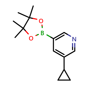 Chemical structure of 3-cyclopropyl-5-(4,4,5,5-tetramethyl-1,3,2-dioxaborolan-2-yl)pyridine , CAS 1220696-43-4, AChemBlock N25908