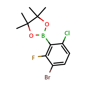 Chemical structure of 2-(3-bromo-6-chloro-2-fluorophenyl)-4,4,5,5-tetramethyl-1,3,2-dioxaborolane , CAS 1451391-12-0, AChemBlock N25916