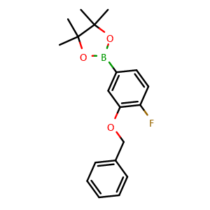 Chemical structure of 2-(3-(benzyloxy)-4-fluorophenyl)-4,4,5,5-tetramethyl-1,3,2-dioxaborolane , CAS 2121515-23-7, AChemBlock N26083