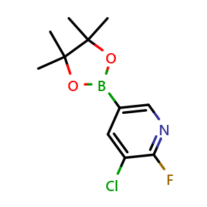 Chemical structure of 3-chloro-2-fluoro-5-(4,4,5,5-tetramethyl-1,3,2-dioxaborolan-2-yl)pyridine , CAS 1220219-73-7, AChemBlock N26200