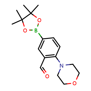 Chemical structure of 2-morpholino-5-(4,4,5,5-tetramethyl-1,3,2-dioxaborolan-2-yl)benzaldehyde , CAS 2096330-23-1, AChemBlock N26242