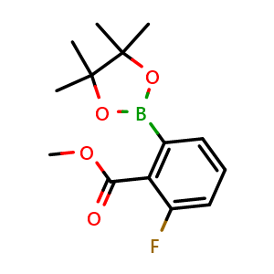 Chemical structure of 2-Fluoro-6-(4,4,5,5-tetramethyl-[1,3,2]dioxaborolan-2-yl)-benzoic acid methyl ester , CAS 1293284-61-3, AChemBlock N26448