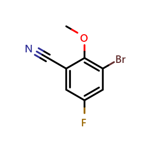 Chemical structure of 3-Bromo-5-fluoro-2-methoxybenzonitrile , CAS 1260022-38-5, AChemBlock N26463
