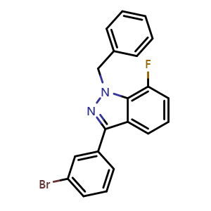 Chemical structure of 1-Benzyl-7-fluoro-3-(3-bromophenyl)-1H-indazole , CAS 1809158-08-4, AChemBlock N26528