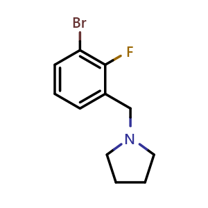 Chemical structure of 1-[(1-Bromo-2-fluorophenyl)methyl]pyrrolidine , CAS 1809158-06-2, AChemBlock N26535