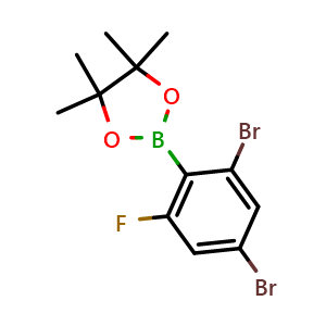 Chemical structure of 2-(2,4-dibromo-6-fluorophenyl)-4,4,5,5-tetramethyl-1,3,2-dioxaborolane , CAS 2121512-09-0, AChemBlock N26536