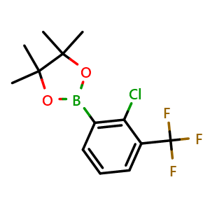 Chemical structure of 2-(2-chloro-3-(trifluoromethyl)phenyl)-4,4,5,5-tetramethyl-1,3,2-dioxaborolane , CAS 1689550-75-1, AChemBlock N26583