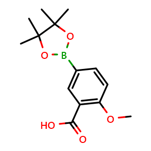 Chemical structure of 2-methoxy-5-(4,4,5,5-tetramethyl-1,3,2-dioxaborolan-2-yl)benzoic acid , CAS 2121512-71-6, AChemBlock N26590