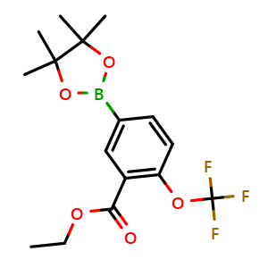 Chemical structure of ethyl 5-(4,4,5,5-tetramethyl-1,3,2-dioxaborolan-2-yl)-2-(trifluoromethoxy)benzoate , CAS 2121515-17-9, AChemBlock N26594