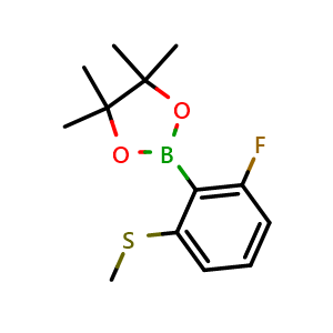 Chemical structure of 2-(2-fluoro-6-(methylthio)phenyl)-4,4,5,5-tetramethyl-1,3,2-dioxaborolane , CAS 2121513-47-9, AChemBlock N26599
