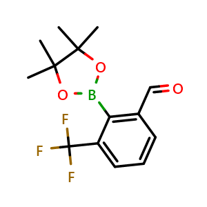 Chemical structure of 2-(4,4,5,5-tetramethyl-1,3,2-dioxaborolan-2-yl)-3-(trifluoromethyl)benzaldehyde , CAS 1356948-22-5, AChemBlock N26665