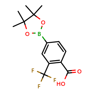 Chemical structure of 4-(4,4,5,5-tetramethyl-1,3,2-dioxaborolan-2-yl)-2-(trifluoromethyl)benzoic acid , CAS 2121513-72-0, AChemBlock N26759