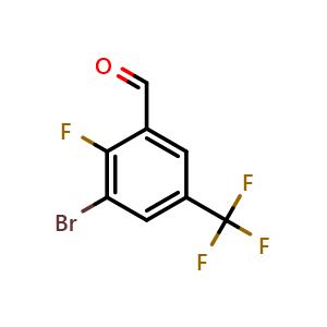 Chemical structure of 3-Bromo-2-fluoro-5-(trifluoromethyl)benzaldehyde , CAS 1236538-66-1, AChemBlock N26918