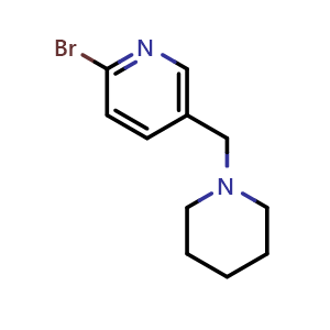 Chemical structure of 2-Bromo-5-(piperidin-1-ylmethyl)pyridine , CAS 364794-72-9, AChemBlock N26983