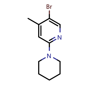 Chemical structure of 5-Bromo-4-methyl-2-(1-piperidinyl)pyridine , CAS 1219960-78-7, AChemBlock N27011