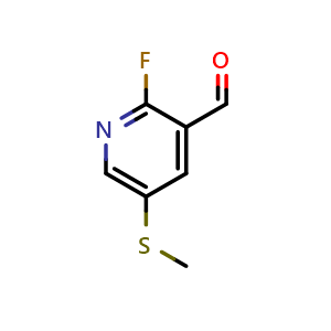 Chemical structure of 2-fluoro-5-(methylthio)nicotinaldehyde , CAS 1289144-87-1, AChemBlock N27029