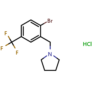 Chemical structure of 1-[[2-Bromo-5-(trifluoromethyl)phenyl]methyl]-pyrrolidine hydrochloride , CAS 1394291-33-8, AChemBlock N27054