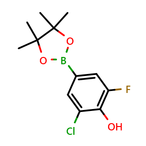 Chemical structure of 2-Chloro-6-fluoro-4-(4,4,5,5-tetramethyl-1,3,2-dioxaborolan-2-yl)phenol , CAS 1356953-67-7, AChemBlock N27064