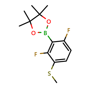Chemical structure of 2-(2,6-difluoro-3-(methylthio)phenyl)-4,4,5,5-tetramethyl-1,3,2-dioxaborolane , CAS 1355011-72-1, AChemBlock N27067