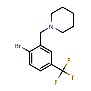 Chemical structure of 1-[[2-bromo-5-(trifluoromethyl)phenyl]methyl]-piperidine , CAS 913296-73-8, AChemBlock N27070