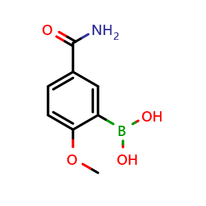 Chemical structure of 5-(Aminocarbonyl)-2-methoxyphenylboronic acid , CAS 1127647-65-7, AChemBlock N27140