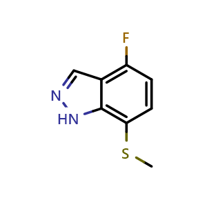Chemical structure of 4-Fluoro-7-(methylthio)-1H-indazole , CAS 1428234-83-6, AChemBlock N27153