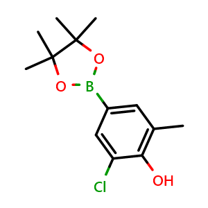 Chemical structure of 2-Chloro-6-methyl-4-(4,4,5,5-tetramethyl-1,3,2-dioxaborolan-2-yl)phenol , CAS 1294518-25-4, AChemBlock N27180