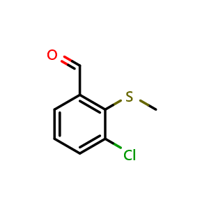 Chemical structure of 3-Chloro-2-(methylsulfanyl)benzaldehyde , CAS 1033574-03-6, AChemBlock N27225