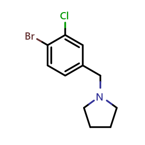 Chemical structure of 1-[(4-Bromo-3-chlorophenyl)methyl]-pyrrolidine , CAS 1092069-95-8, AChemBlock N27312