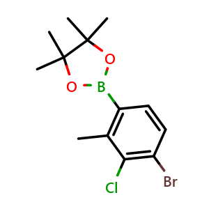 Chemical structure of 2-(4-bromo-3-chloro-2-methylphenyl)-4,4,5,5-tetramethyl-1,3,2-dioxaborolane , CAS 1799612-59-1, AChemBlock N27340