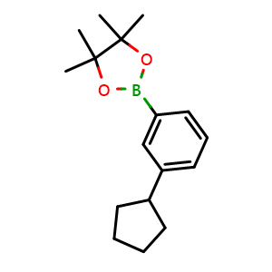 Chemical structure of 2-(3-cyclopentylphenyl)-4,4,5,5-tetramethyl-1,3,2-dioxaborolane , CAS 2121514-72-3, AChemBlock N27352