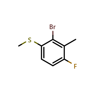 Chemical structure of 2-Bromo-4-fluoro-3-methyl-1-(methylthio)-benzene , CAS 1879026-25-1, AChemBlock N27359