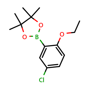 Chemical structure of 2-(5-chloro-2-ethoxyphenyl)-4,4,5,5-tetramethyl-1,3,2-dioxaborolane , CAS 1689512-53-5, AChemBlock N27382