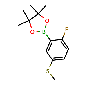 Chemical structure of 2-(2-fluoro-5-(methylthio)phenyl)-4,4,5,5-tetramethyl-1,3,2-dioxaborolane , CAS 2121512-06-7, AChemBlock N27389