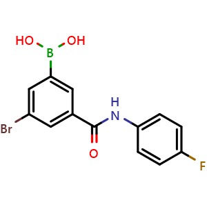 Chemical structure of 5-Bromo-3-(4-fluorophenyl)aminocarbonylphenylboronic acid , CAS 2121513-21-9, AChemBlock N27399