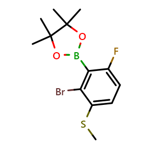 Chemical structure of 2-(2-bromo-6-fluoro-3-(methylthio)phenyl)-4,4,5,5-tetramethyl-1,3,2-dioxaborolane , CAS 2121512-00-1, AChemBlock N27403