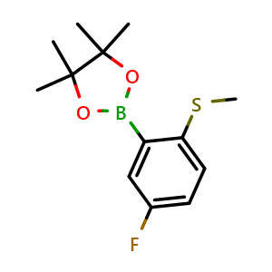 Chemical structure of 2-(5-fluoro-2-(methylthio)phenyl)-4,4,5,5-tetramethyl-1,3,2-dioxaborolane , CAS 1428532-52-8, AChemBlock N27467