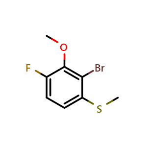 Chemical structure of 2-Bromo-4-fluoro-3-methoxythioanisole , CAS 1879026-19-3, AChemBlock N27505