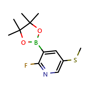 Chemical structure of 2-fluoro-5-(methylthio)-3-(4,4,5,5-tetramethyl-1,3,2-dioxaborolan-2-yl)pyridine , CAS 2121512-24-9, AChemBlock N27509