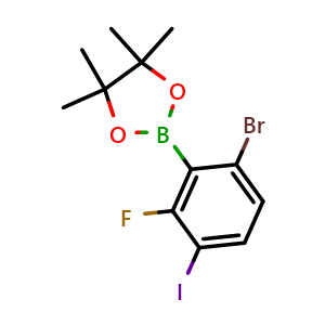 Chemical structure of 2-(6-bromo-2-fluoro-3-iodophenyl)-4,4,5,5-tetramethyl-1,3,2-dioxaborolane , CAS 2121512-15-8, AChemBlock N27556